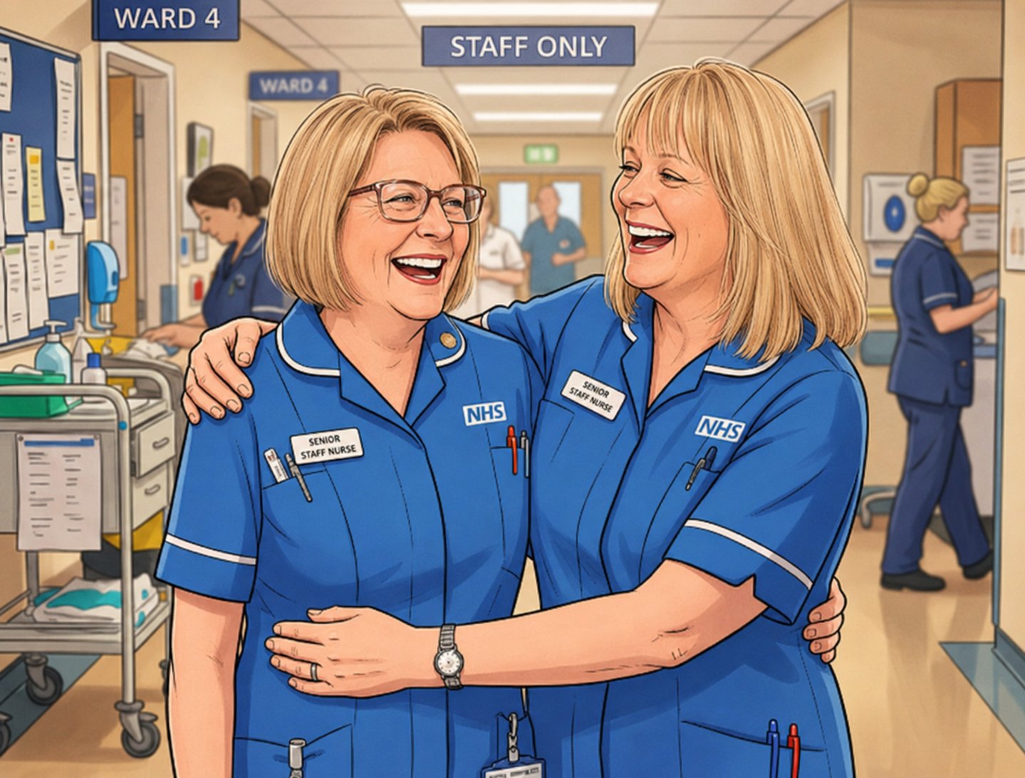 Two smiling nurses in NHS uniforms on a hospital ward, illustration